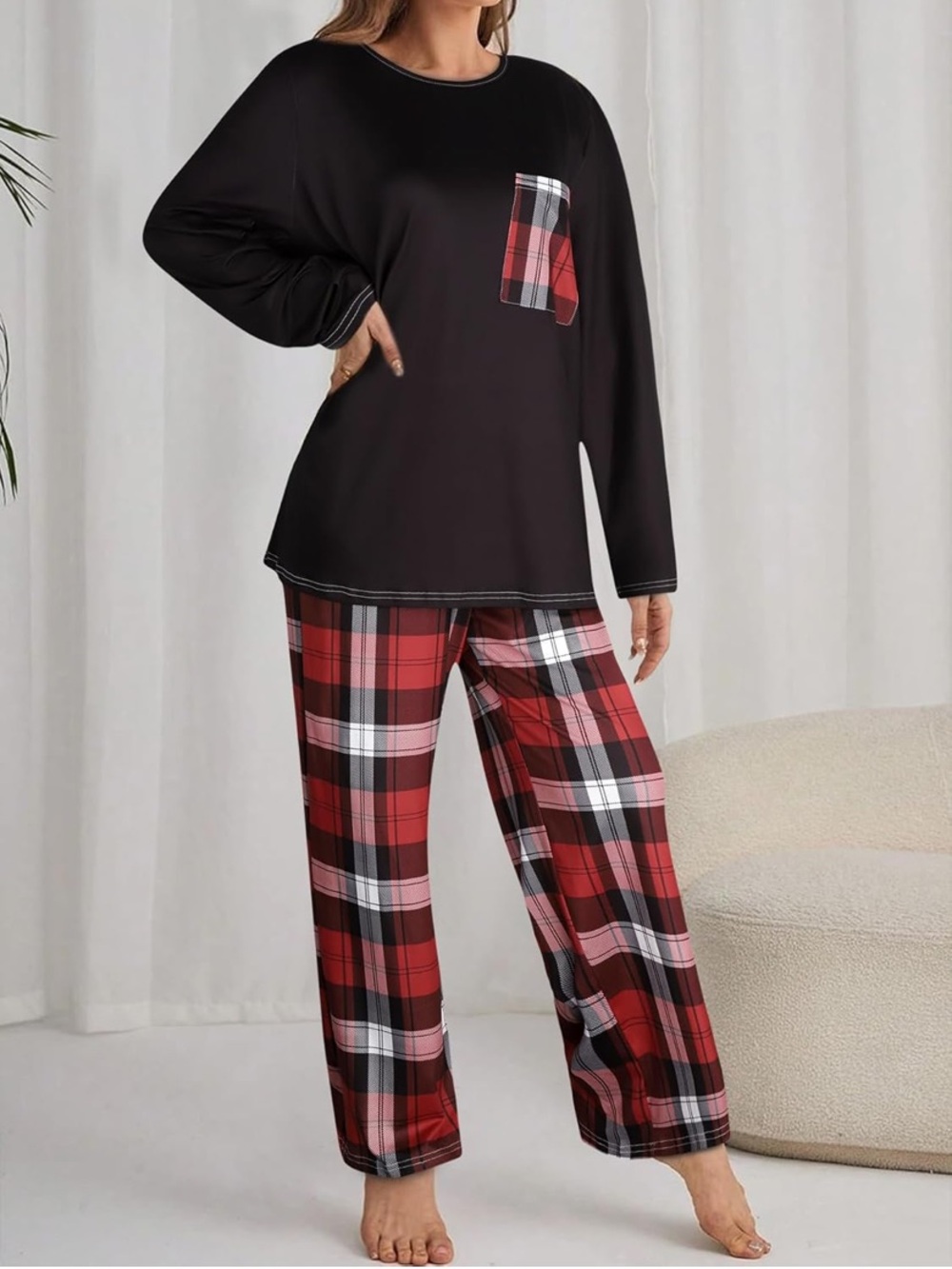 NWT No Label Size 1XL Black Plaid Casual Long Sleeve Pajama Set